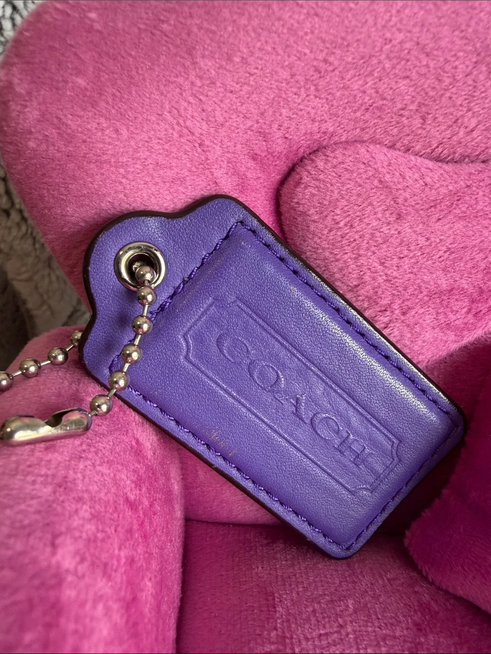 Coach Purple Large Leather Bag Tag Charm with Silver Ball Chain